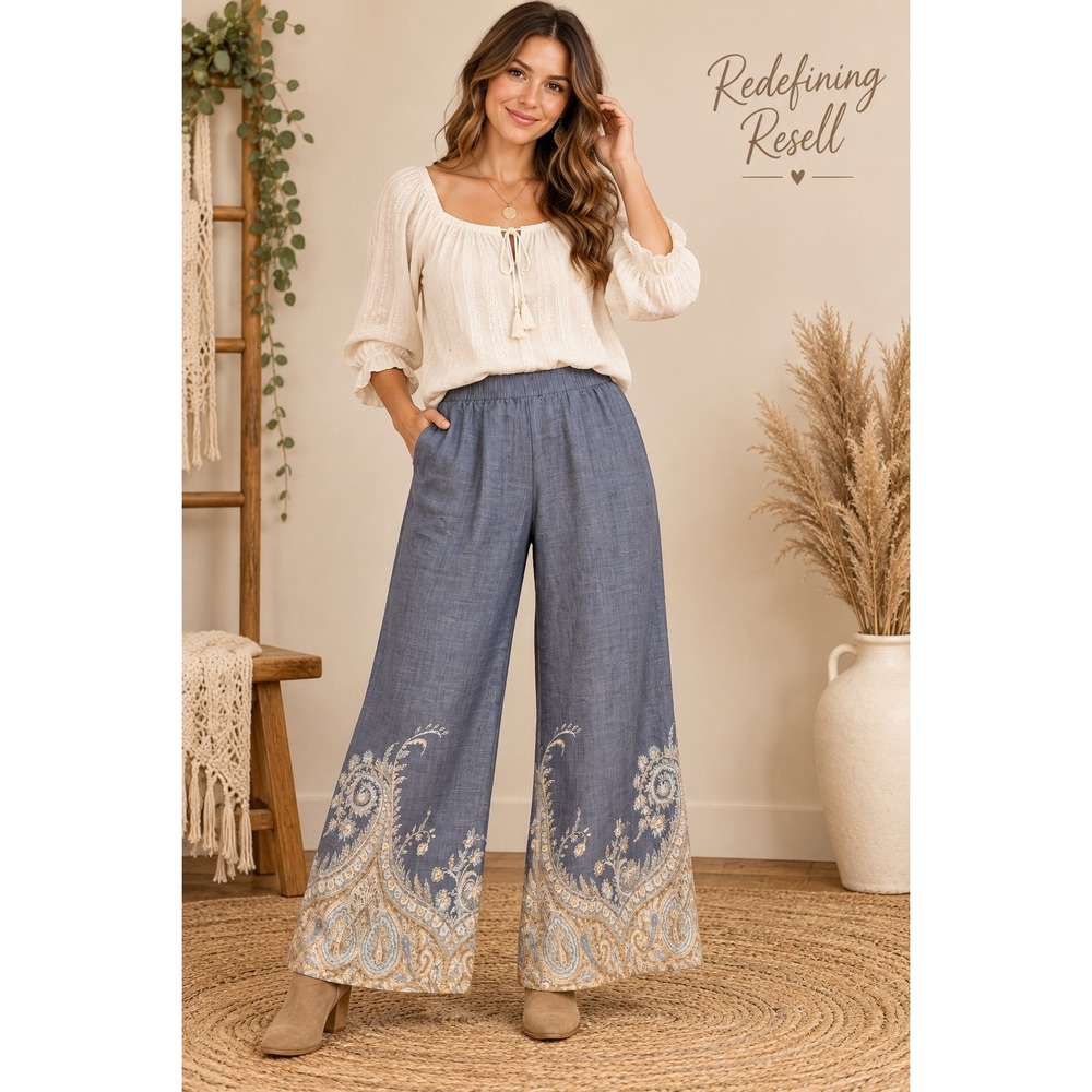 Wonderly Womens Blue Paisley Border Wide Leg Pants High Rise Boho Size M